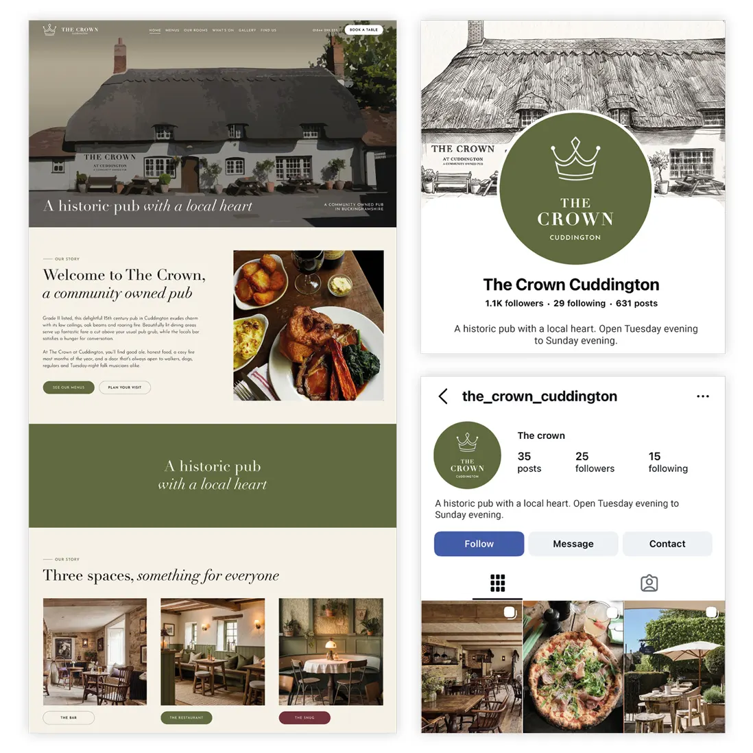 A brand identity board showing a logo, palette and typography applied across a website and social profiles